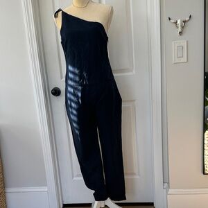 PAIGE One-Shoulder Navy Blue Jumpsuit w/ Tie Shoulder and zipper side w/pocket M
